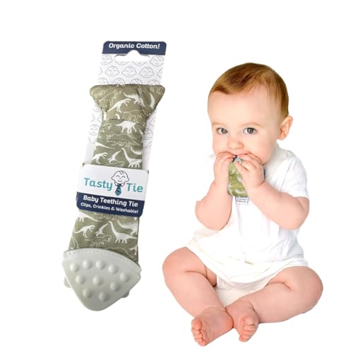 Image of Tasty Tie Teething Tie, 3-in-1 Clip-on Baby Tie, Crinkle Toy & Silicone Teether for 3-6-9-12-18 Month Babies | GOTS Certified Organic Cotton | Unique Baby Boy Gift or Stocking Stuffer, Dino Style