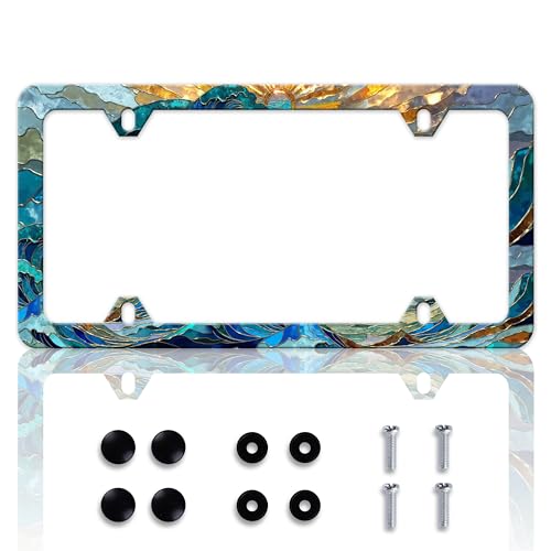 Ocean Waves Sunset License Plate Frame Fantasy Art License Plate Frames Personalise Stainless Steel Funny Design Compatible with Standard License Plate Holder for USA and Canada 6 X 12 with Screws