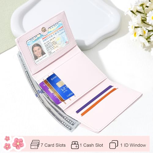Small Wallet Floral Coquette Bow Wallet Cute Wallet ID 7 Credit Card Slots for Women Girls (PINK)2