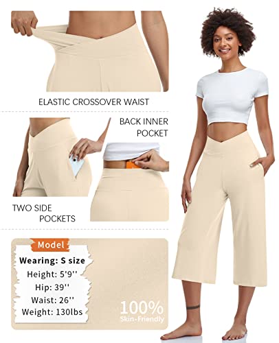 Image of TARSE Womens Casual Wide Leg Yoga Capris Crossover High Waist Capri Pants Loose Soft Pajama Pockets Sweatpants