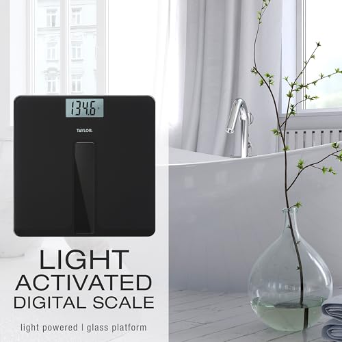 Image of Taylor Digital Bathroom Scale for Body Weight - Light Powered, No Batteries Needed, Large 11.8 x 11.8 in Black Glass Platform, 400 lb Capacity, Easy-Read 3.2 in Display