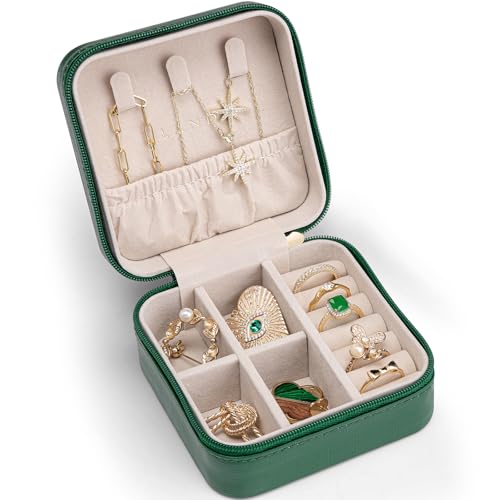 Vlando Small Travel Jewelry Box Organizer - Display Case for Girls Women Gift Rings Earrings Necklaces Storage, Dark Green