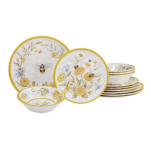 Certified International Conjunto de louça de melamina Bee Sweet, serviço para 4, pratos e tigelas florais e abelhas, utensílios de mesa duráveis e inquebráveis para entretenimento de primavera e verão