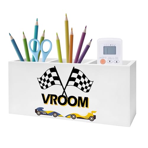 Exqcom Trendy Race Car Checkerboard Pen Pencil Holder, Gifts for Boys Car Lovers, Vroom Race Cars Pencil Pen Holder Organizer for Toddler Boys Room Bedroom Desk Accessories