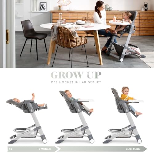 hauck Baby Hochstuhl Grow Up mit Liegefunktion ab Geburt - Babystuhl mit Tisch, Rollen, klappbar, mitwachsend und höhenverstellbar - Grau Melange