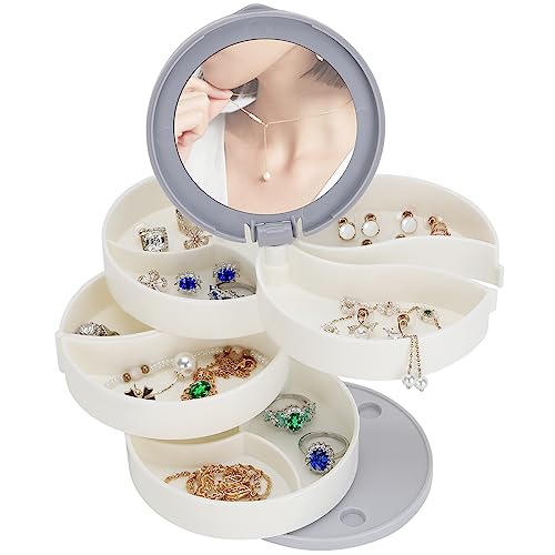 LETURE 4-Layer Rotating Small Jewelry Organizer for Women Girls, Travel Acrylic Jewelry Holder for Necklaces Earring Bracelets Rings (White)