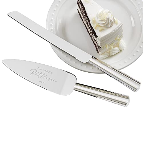 Personalization Universe Natural Love Engraved Wedding Cake Knife & Server Set - Silver Wedding Decor with Mr and Mrs, Last Name & Message, Personalized Wedding Cake Cutting Serving Set