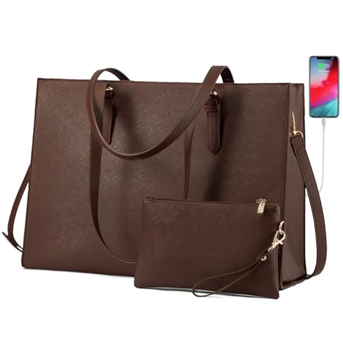 LOVEVOOK Laptop Bag for Women, Fashion Computer Tote Bag Large Capacity Handbag, Leather Shoulder Bag Purse Set, Professional Business Work Briefcase for Office Lady, 2 PCs 15.6-Inch, Coffee