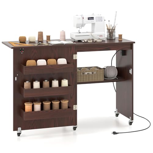 COSTWAY Folding Sewing Table with Charging Station