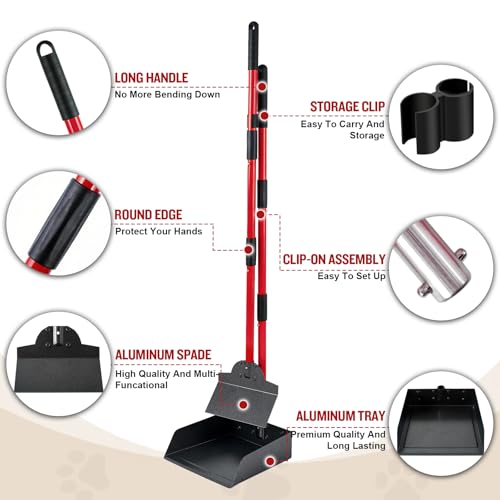 Image of Pooper Scooper for Large Dogs, Adjustable Long Handle Metal Tray and Spade Poop Scooper for Dogs with Bin for Pet Waste Removal, No Bending Clean Up Pooper Scooper for Medium and Large Dogs,Red