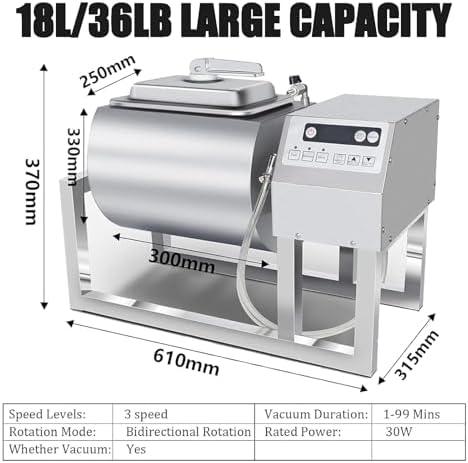 36LB Vacuum Tumbler Machine - Commercial Stainless Steel Meat Mixer, 3 Speed for Poultry, Seafood & Vegetables - Ideal for Marinading and Flavor Infusion