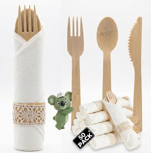 Pre Rolled Bamboo Cutlery Set - 50 Pack