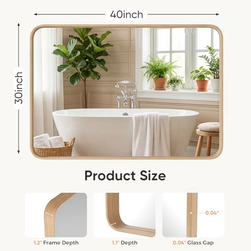 Image of NEWBULIG 30 inchx40 inch Wood Wall Mirror, Bathroom Mirrors for Over Sink, Matte Metal Framed Vanity Decor Mirror with Tempered Glass, Entryway, Living Room, Bedroom