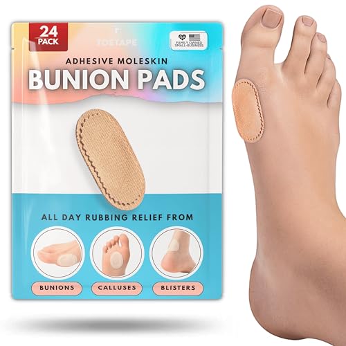 ToeTape Bunion Pads (24 Pack) - Pain Relief Cushions for Shoes - Moleskin Pads Cover Bunions, Prevents Rubbing, and Painful Contact - All-Day Water-Resistant Adhesive, for Men and Women