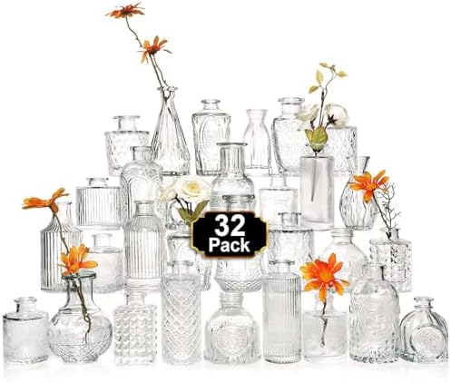 Arme Glass Bud Vase Set of 32 Pcs，Small Glass Vases for Flowers，Clear Bud Vases in Bulk，Vintage Vases for Centerpieces，Small Glass Bud Vase for Rustic Wedding Decorations，Home Table Flower Décor