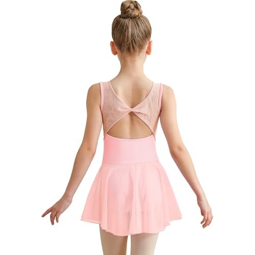 DANSHOW Girls Mesh Ballet Leotard Sleeveless Dance Dress, Crisscross Hollow Back, Full Front Lining Sleeveless 4-6 Years Pink