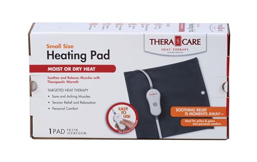 TheraCare Small Size Heating Pad | Moist & Dry Heat | One Heat Setting | Sore Muscles | Soothing Warm Relief | Personal Size 9” x 9” | Safe, Automatic Shut Off
