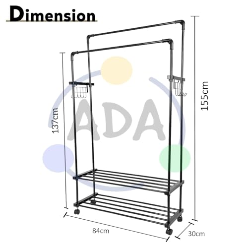 Image of ADA Premium Heavy Duty Dual Layer Metal Garment Rack with 2-Tier Clothes Rail, 10 Side Hooks, Freestanding Cloth Stand for Bedroom & Laundry Room - Black (84 x 30 x 155 cm)