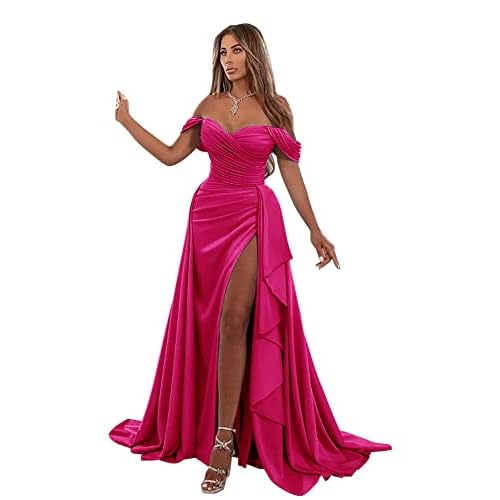 Off Shoulder Prom Dresses Ruched Homecoming Dress Mermaid Slit Formal Evening Gowns for Women One Size Fuchsia