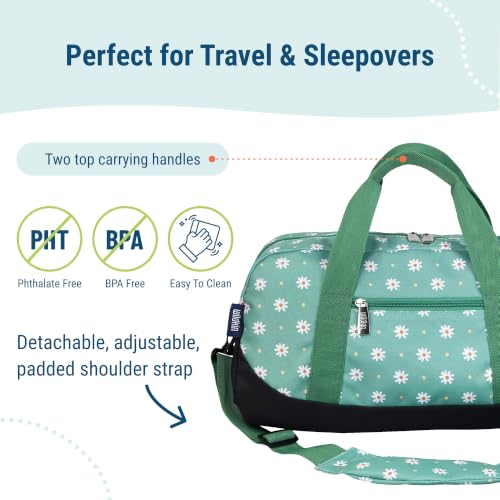 Image of Wildkin Overnighter Duffel Bag for Kids, Daisy | 18 x 9 x 9 in travel duffel with roomy main compartment, exterior zip pocket and removable padded shoulder strap.