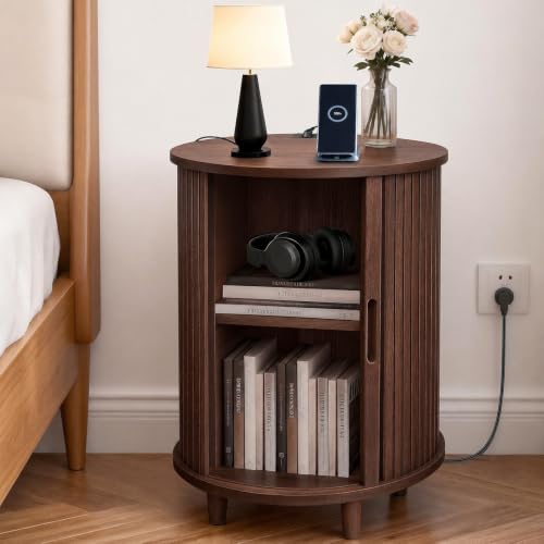 Image of DHH Round End Table with Storage & Charging Station, Fluted Accent Side Table with Sliding Door & Adjustable Shelf, Mid-Century Nightstand for Small Spaces, Living Room, Bedroom (1, Walnut)