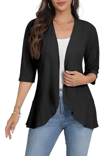 Askyes Women's Casual Cardigan Eyelet Embroidery Open Front Loose Fit Spring Lightweight Beach Cardigan 3/4 Sleeve,Black,XL