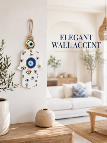 Image of Handcrafted Evil Eye Hamsa Hanging for Home Entrance Decor | Turkish Nazar Protection Wall Hanging | Ceramic Hand of Fatima Ornament with Jute Rope | Housewarming Gift for Home & Office