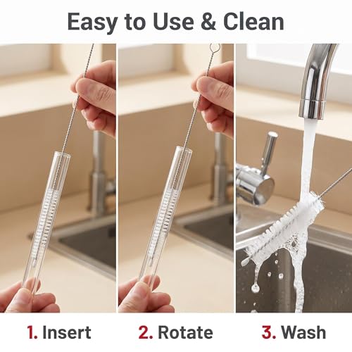 Image of CYHTSHFZ 2 Pack Straw Cleaner Brush, Reusable Stainless Steel Handles, Nylon Bristles, 10.6 Inches Long, 0.47 Inches Wide, for Stanley Mug 40, 30, 20 oz, Sippy Cup, Water Bottle and Tubes, Clear