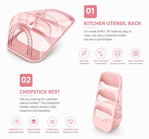 Image of Kitchen Utensil Holder with Drain Tray & Dustproof Cover | 3 Compartment Cutlery Organizer | Self Draining Countertop Storage Rack for Spoons Forks Chopsticks Kitchen Accessories (Pink)