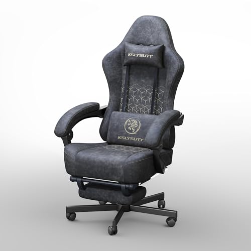 Kslysuty Gaming Chair Breathable Leather with Pocket Spring Cushion,Wide and High Ergonomic Office Chair with Headrest,Computer Gaming Chair with Footrest for Adult and Teen,Grey