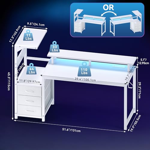 Image of DUMOS L Shaped Gaming Desk with Shelves Storage Drawers 52'', White Computer Desks with LED Lights Power Outlets, Office Wood Table with PC Stand Cable Management for Bedroom Dual Monitor Streaming