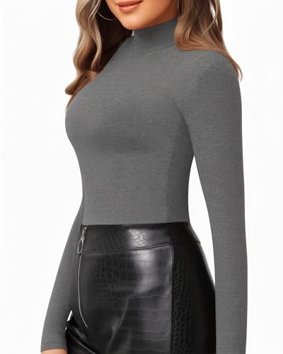Image of MANGOPOP Women's Mock Turtle Neck Slim Fit Long Half Elbow 3 /4 Short Sleeve T Shirts Tight Tops Basic Tee, 16 Dark Heather Grey, Large