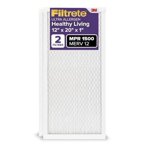 Filtrete 12x20x1 AC Furnace Air Filter, MERV 12, MPR 1500, CERTIFIED asthma & allergy friendly, 3 Month Pleated 1-Inch Electrostatic Air Cleaning Filter, 2-Pack (Actual Size 11.81x19.81x0.78 in)