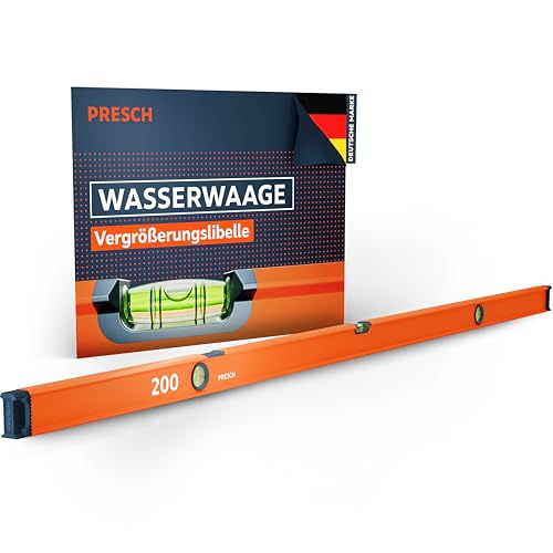 Presch Wasserwaage 200cm - Bruchfeste Weitwinkellibelle inkl. 2% Gefälle-Anzeige - Vertical-View-Funktion dank Sichtfenster - Innovative Anti-Rutsch‑Endkappen & präzisionsgefräste Messfläche