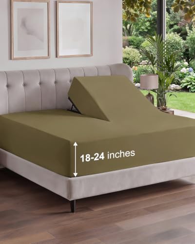 Image of Extra Deep Flex Top Split Head King Fitted Sheet - Hotel Luxury Single Fitted Sheet Only - Easily Fits 18 inch to 24 inch Mattress - Ultra Soft, Wrinkle Free w /Extra Deep Pockets - Khaki