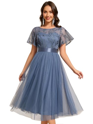 Ever-Pretty Elegante Vestido de Dama de Honor para Mujer Manga Corta Midi Cuello Redondo Azul Polvoriento 44