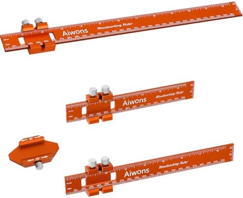 Aiwons Woodworking Ruler Pocket Rule -12/8/6 Inch Precision Pocket Ruler with 45°& 30°Metal Slide Stop - Woodpeckers Marking Ruler Metric Inch Measuring Scribing Rulers - Aluminum Alloy Square Ruler
