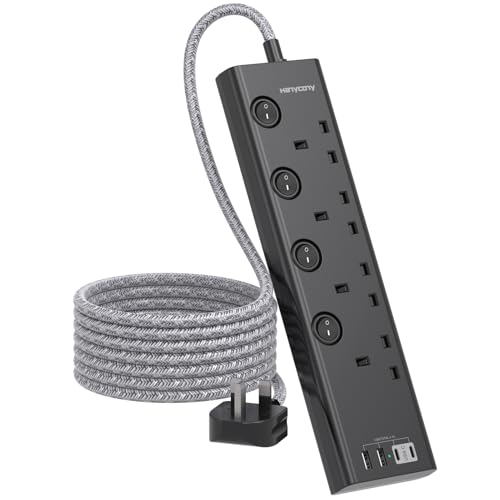 Black Extension Lead with 4 USB Slots(2 USB C) 4 Way Plug Extension Socket with Individual Switches 1.8M Extension Cable Desk Power Strip for Bedroom Office Accessories