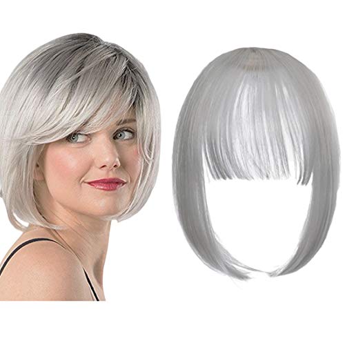 Qunlinta Clip in Bangs Hair Extensions One Piece in Fringe Bangs Hairpiece Synthetic Hair Accessories For Women Silver Grey