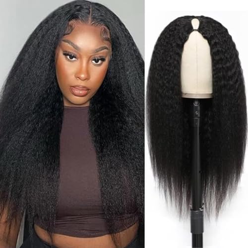 Image of V Part Wig Human Hair Kinky Straight 180% Density Upgrade U Part Human Hair Wig For Women No Leave Out No Glue Beginner Friendly Full Head Clip In Half Wigs Yaki V Shape Wigs 20 Inch Natural Color