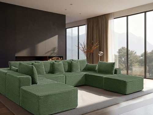 Image of 138 inch Cloud Sectional Couch, Comfort U Shaped Sofa for Living Room, Extra Deep Seats No Assembly, Minimalist Modular Couch, Corduroy (Olive Green, 8 Seats,U-Shape A)