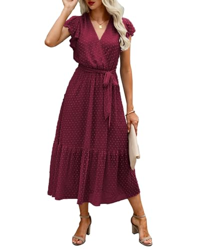 Image of BTFBM Women Summer Bohemian Floral Casual Wrap V Neck Ruffle Cap Sleeveless Belt A-Line Pleated Hem Midi Sun Dress White