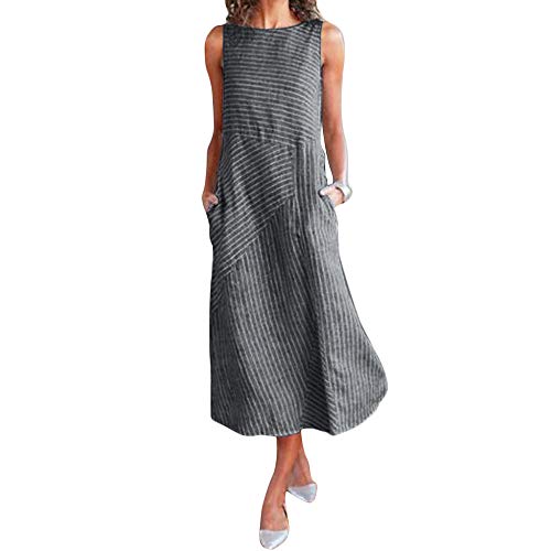 Vestido longo casual listrado de linho de algodão sem mangas Romacci, Preto, XXL