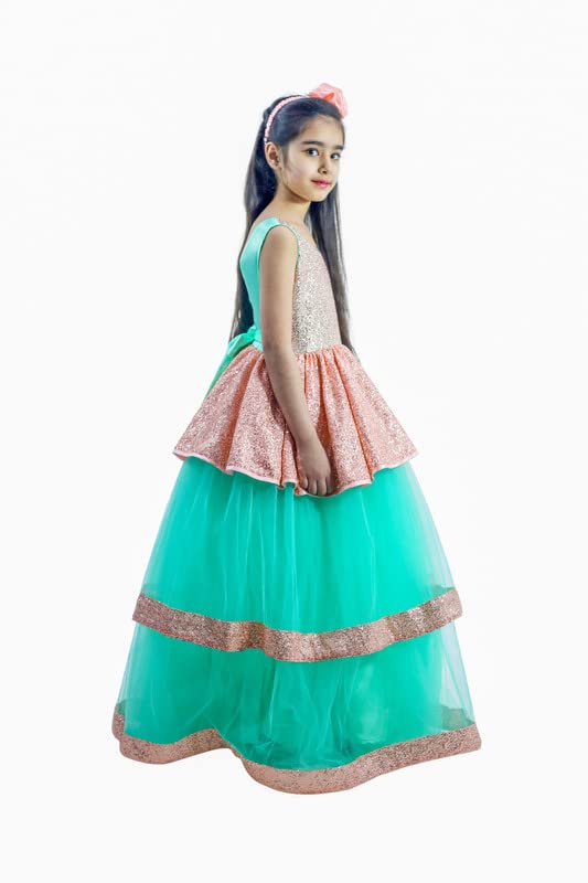 Image of Ripening Girls Sequin A-Line Layers Net Stylish Fit-and-Flare Ball Gown Multicolor Kids Dress 6-7 Year