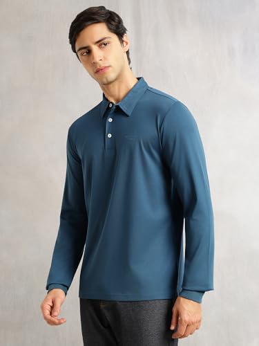 Image of Thomas Scott Men's Regular Fit Polo Performance T-Shirt | Viscose Rayon Fabric | Solid Knitted Polo Collar | Long Sleeves | Soft, Breathable & Comfortable Casual Wear for Men