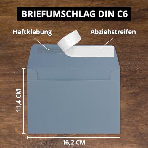50x Briefumschläge Grau-Blau DIN C6 Format 11,4 x 16,2 cm - Haftklebung - Kuverts ohne Fenster - Weihnachten, Grußkarten & Einladungen - Für A6 & A4 Papier