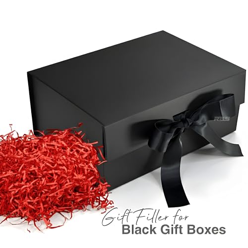 Image of RBS - Black Gift Box with Red Filler 23x16x10cm Empty Hamper Box for Gifting Holds Upto 5kg Sturdy Cardboard Gift Boxes with 25g Decorative Shredded Paper Birthday, Christmas, Valentine's Day Packing