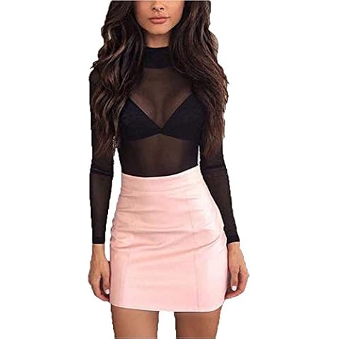 Women Mesh Tops Long Sleeve See Through Transparent Mesh Stand Neck Sheer Blouses T-Shirt Tops (XL, Black,) Cover