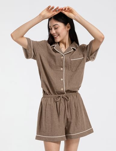 Image of Womens Muslin Pajama Sets 100% Cotton Double Gauze Linen Like Short Pjs | Breathable Soft Comfort Button Up Loungewear Sleepwear PJ Set