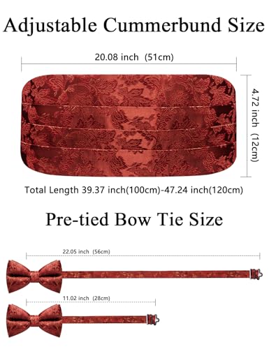 Image of Paisley Floral Tuxedo Cummerbund Bow Tie Pocket Square Set for Men | 3-piece set:cummerbund,bow tie&pocket square.Adjustable back for comfort.Silk blend,wedding,proms,black tie&formal events.